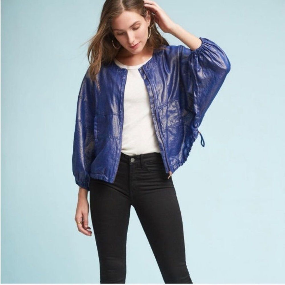 Anthropologie Elevenses Raquel Bubble Jacket Blue Metallic Bomber Sporty Size XS